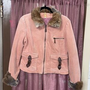 Vintage Pink Corduroy Jacket with Real Rabbit Fur Trim